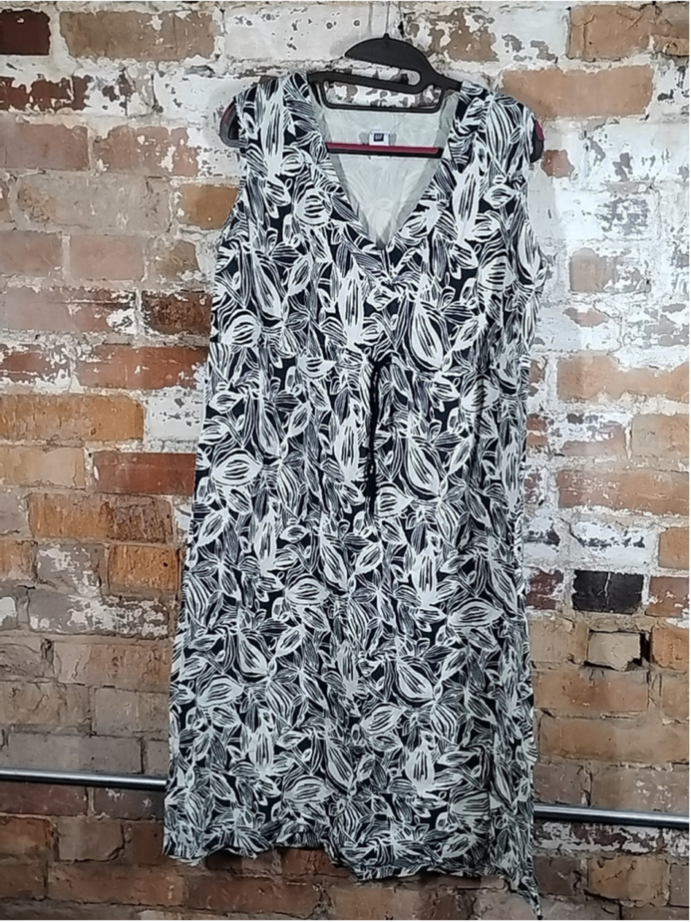 Vintage Gap Linen Blend Leaf Print Dress Women's 22 Tan White Bobo Retro 90s Y2K